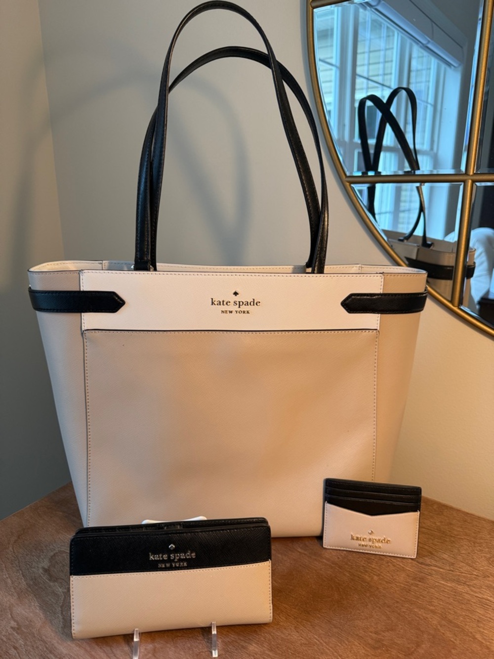 KATE SPADE Large Staci Laptop Leather Tote Block Colored w/ 2 Matching Wallets